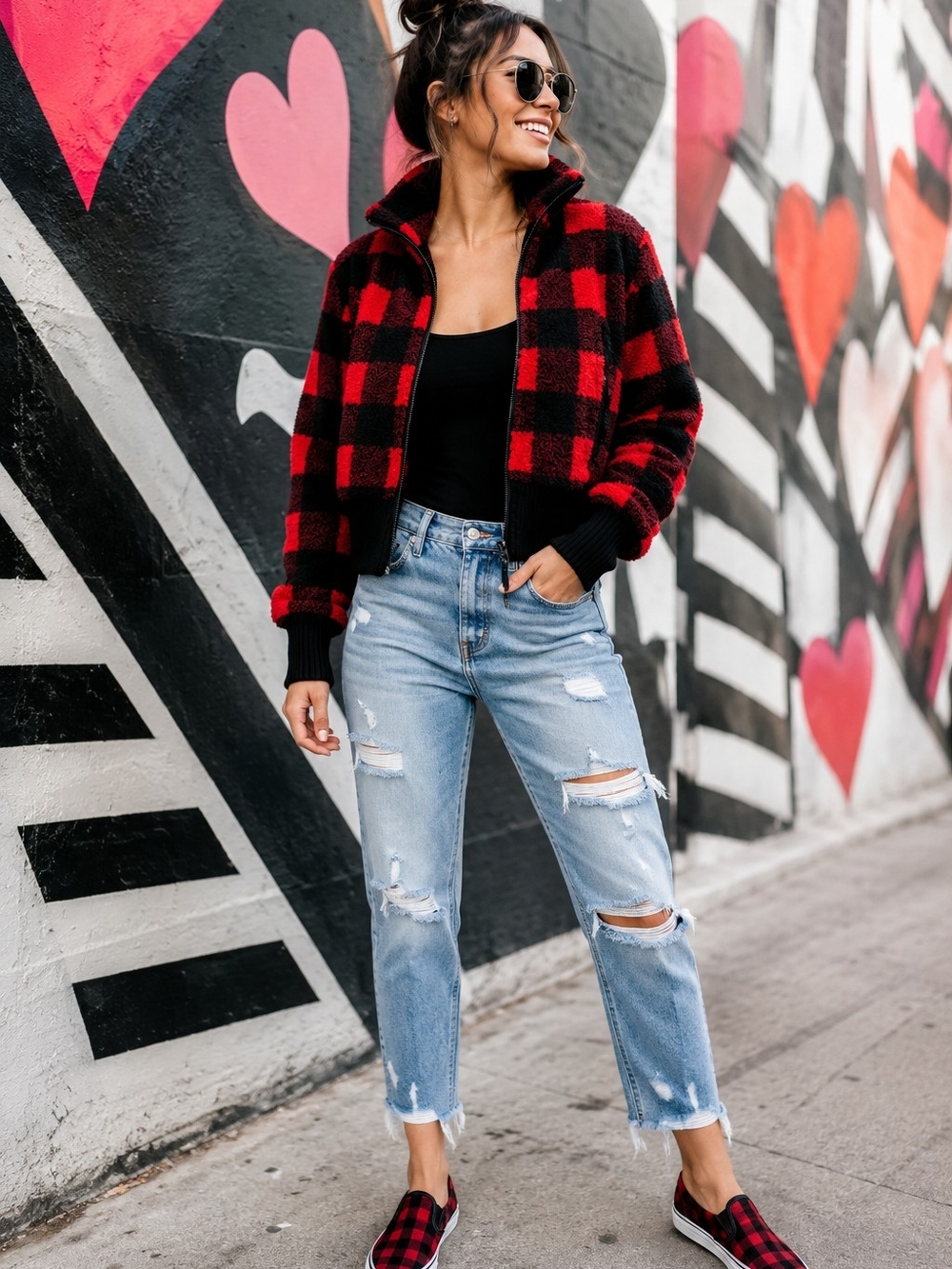 MOTHER Buffalo Plaid Sherpa Jacket Red Black Roomy|Stretch Funnel Neck